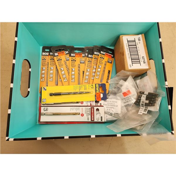 450 -- BOX OF DRILL BITS, WOODWORKING BITS, TITANIUM, AND OTHER ASSORTED HARDWARE