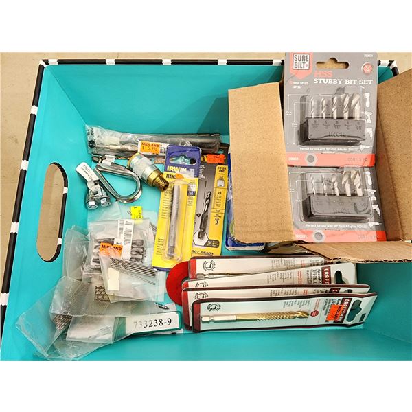 453 -- BOX OF DRILL BITS, ASSORTED SIZES, WRECKER BAR, OSCILLATING BLADE, SCREW EXTRACTORS AND MORE