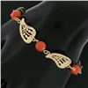Image 5 : Vintage 14k Yellow Gold Beaded Open Work Leaf Link 6.5 Bracelet w/ Coral Beads