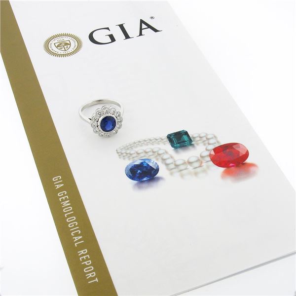 NEW Platinum 2.37 ctw GIA NO HEAT Oval Bezel Sapphire Diamond Milgrain Halo Ring