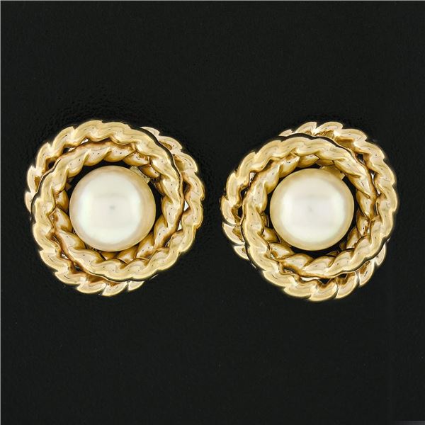 14k Yellow Gold 6.2mm Pearl Twisted Wire Infinity Love Knot Stud Earrings