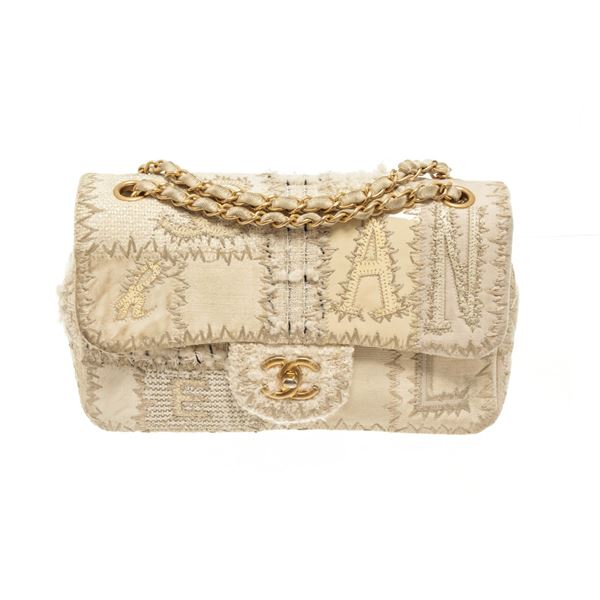 Chanel Beige White Canvas Tweed Medium Patchwork Jumbo Flap Shoulder Bag