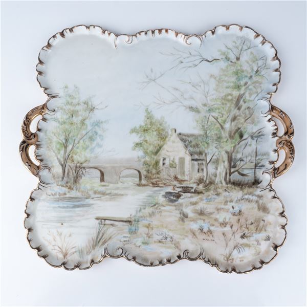 Hand-Painted M & Co Limoges Porcelain Tray, Scenic Landscape