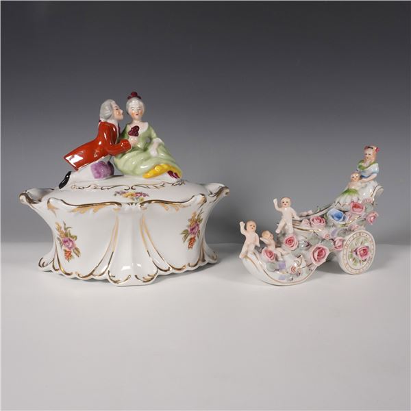 2pc Occupied Japan Porcelain Lidded Dish and Shoe Planter