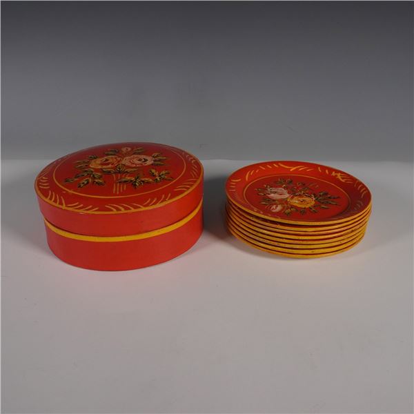 9pc ISCO Occupied Japan Hand-Painted Lacquer Coasters with Box