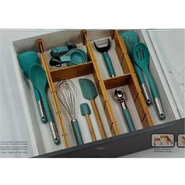 MaisonKleen Adjustable Bamboo Drawer Organizer With 10-Piece Kitchen Tool Set