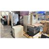 Image 2 : DARK BROWN WOODEN OFFICE DESK AND 2 WHITE CABINETS PLUS ASSORTED OFFICE FURNITURE