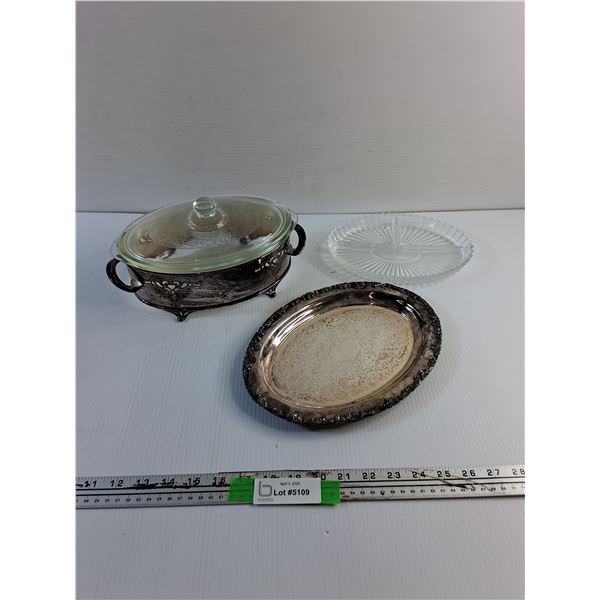 Silver Plated Tray, Divided Glass Dish, Silver Plated Casserole Dish