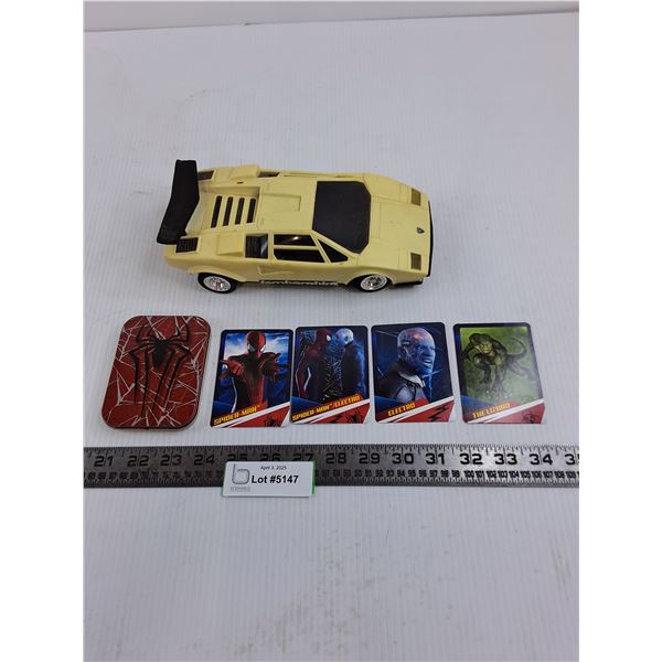 Toy Lamborghini, 4 Spider-Man Cards with Tin