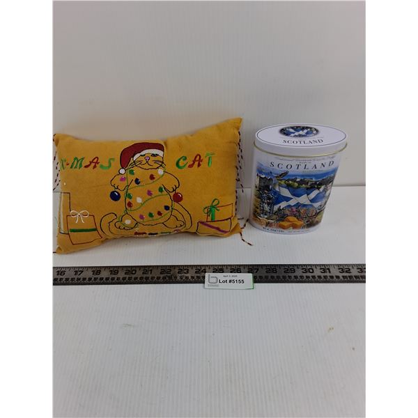Christmas Cat Pillow, Scotland Fudge Tin - Empty