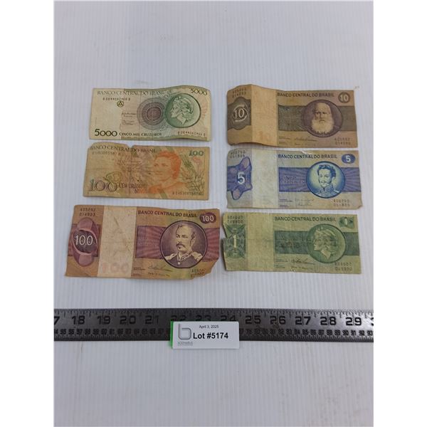 (6) Brazilian Currency Bills (5000, 100's, 10, 5, 1)