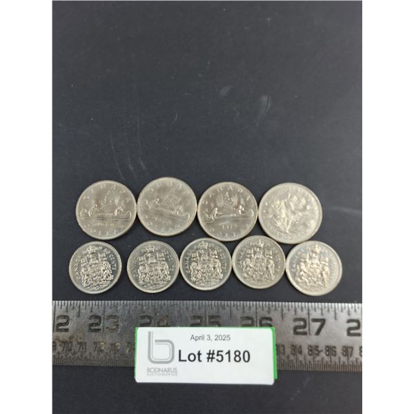 (9) Canadian Coins (4 Dollar - 68,69,75,1870-1970 & 5-50 Cent 69,6972,74,74)