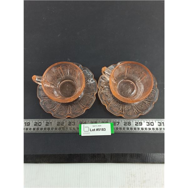 (2) Sets of Vintage Depression Glass "Cherry Blossom" Teacups & Saucers