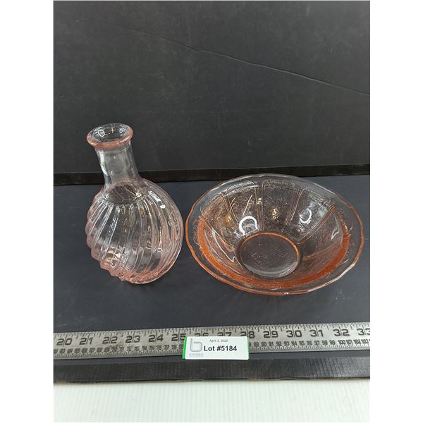 (2) Vintage Depression Glass "Cherry Blossom" Dishes (Vase & Fruit Bowl)