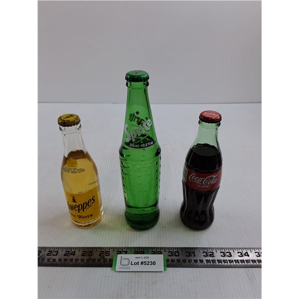 (3) Glass Bottles of Soft Drink - Full (Coke, Sprite, Schweppes Tonic Water)