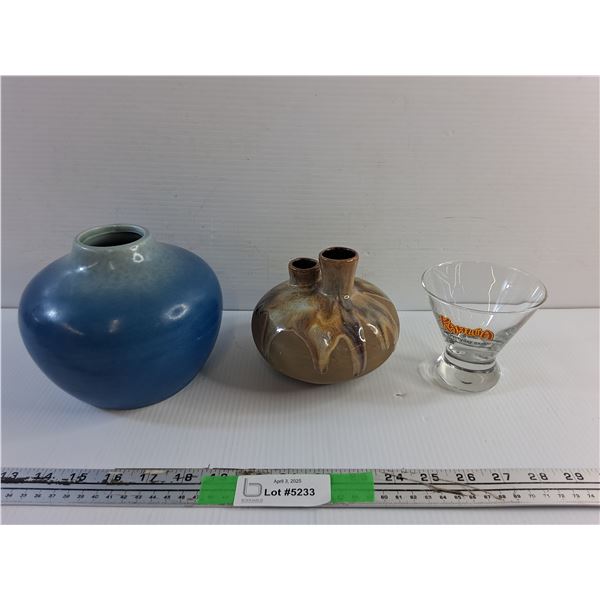 (2) Ceramic Flower Vases and Liquor Glass