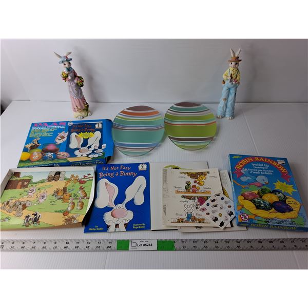 (2) 9.5" Tall Ceramic Rabbits, (2) Plates, (2) Egg Decorating Kits