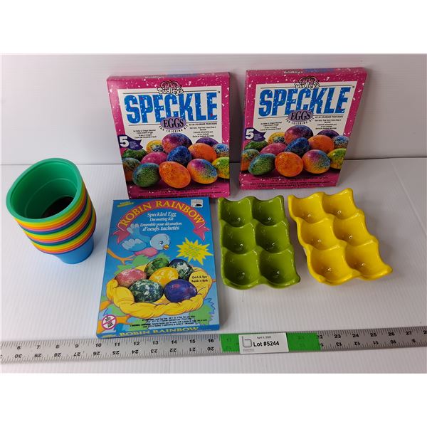 Easter Lot- (3) Egg Decorating Kits, (2) Ceramic Egg Trays, Misc.