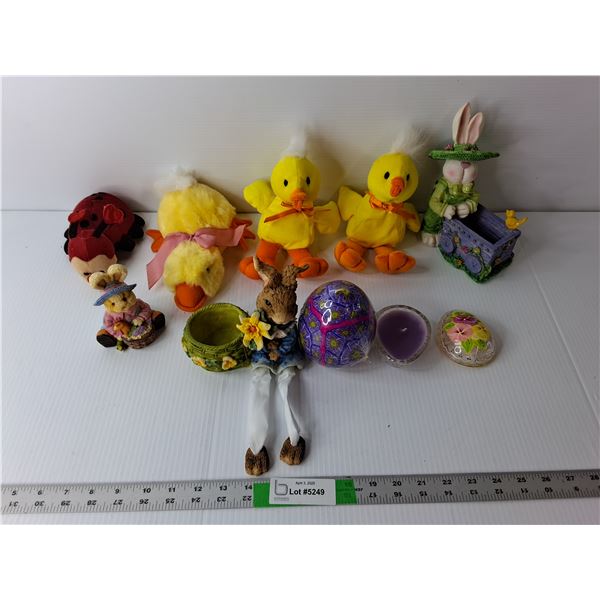 Easter Lot- (4) Stuffies, (3) Ceramic Figurines, (2) Candles