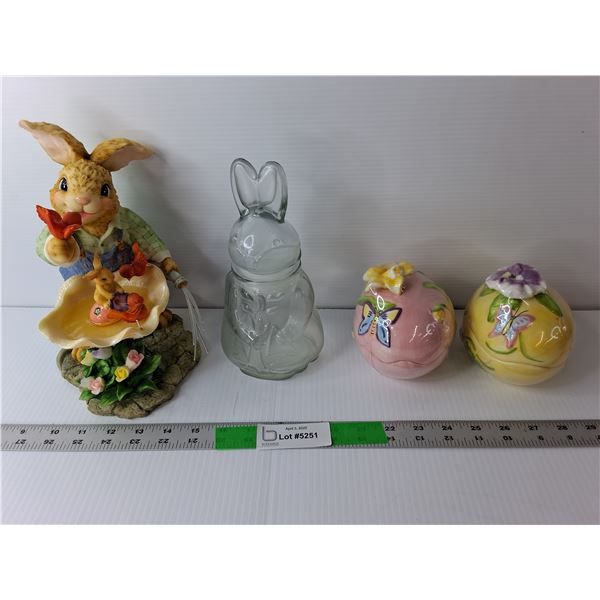 Easter Lot- Glass & Ceramic Storage Containers, Rabbit Figurine 9.5" Tall