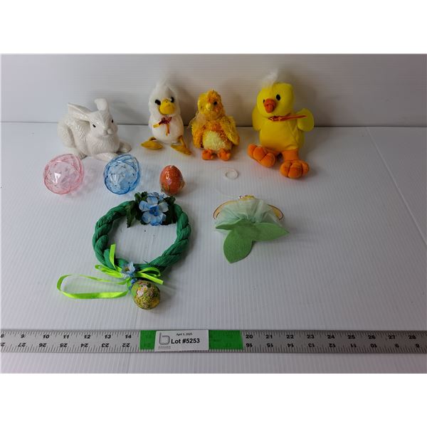 Easter Lot- (3) Stuffies, Ceramic Figurine, Mini Wreath, Misc.