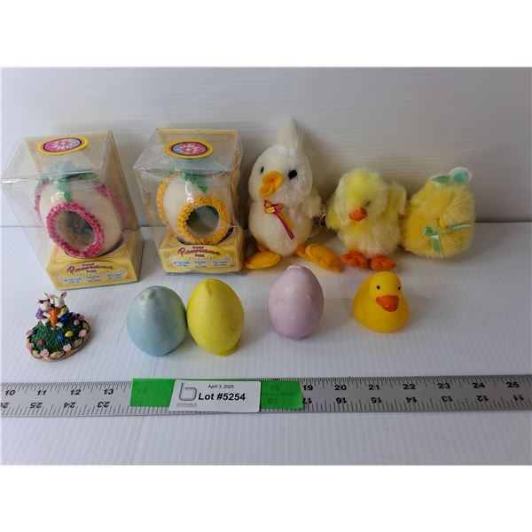 Easter Lot- (3) Candles, (2) Candy Eggs, (3) Stuffies, Misc.