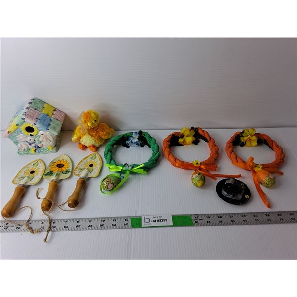Easter Lot- (3) Mini Wreaths, Porcelain Bird House, Decorative Mini Shovels, Misc.