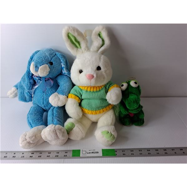 (3) Stuffies- Bunnies, Alligator Up to 15" Long