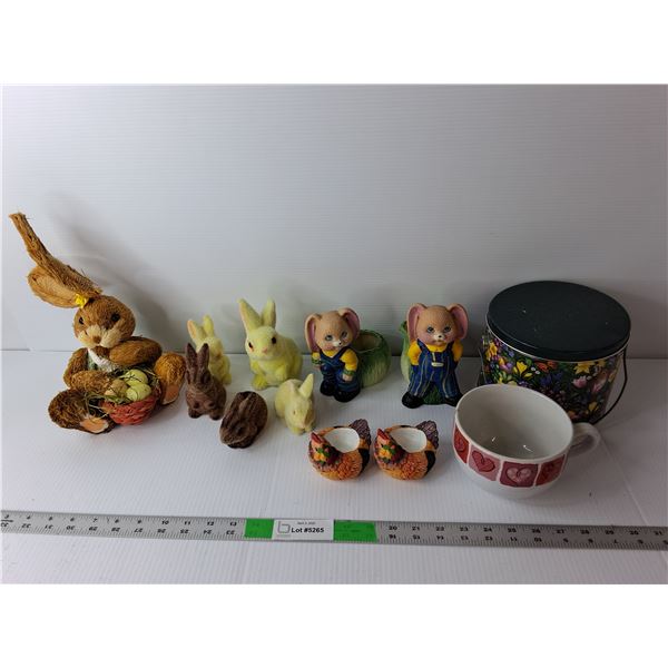 Easter Lot- (7) Bunny Figurines/Storage Containers, Piggy Bank, Large Mug, Misc.