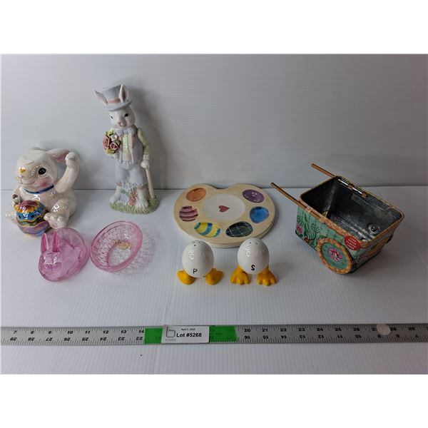 Easter Lot- Ceramic Figurines Up to 10" Tall, Salt & Pepper Shakers, Glass Storage Container, Misc.