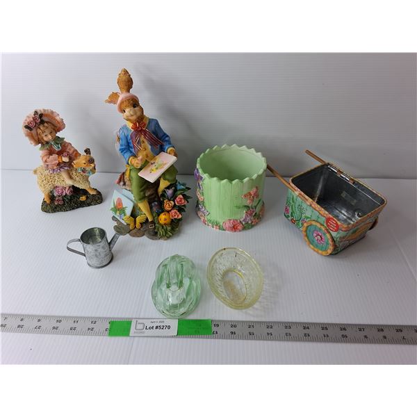 Easter Lot- (3) Storage Containers, (2) Ceramic Figurines Up to 10.5" Tall, Misc.