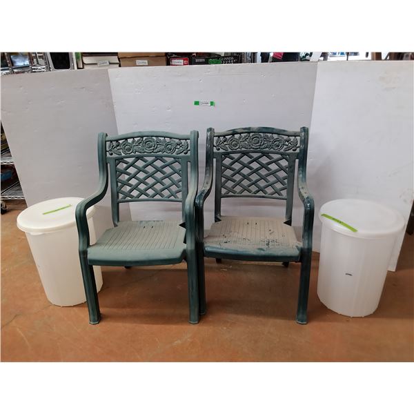 *(2) Plastic Lawn Chairs, (2) Garbage Cans