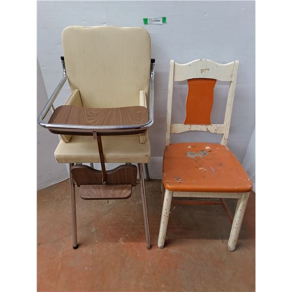 * Vintage High Chair 385" Tall & Wood Dining Chair 33" Tall
