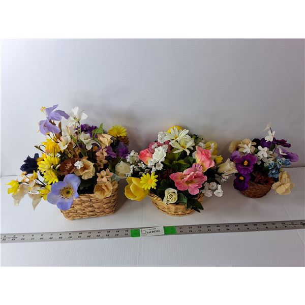 (3) Floral Silk Decorations in Woven Baskets