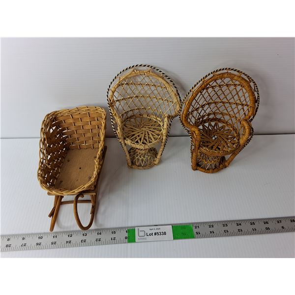 (3) Miniature Wicker Decorations- Two Chairs, Sled