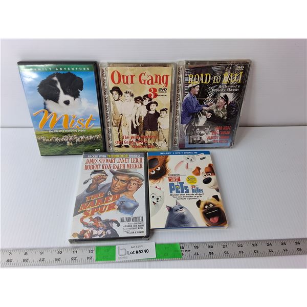 (5) DVDs- The Naked Spur, Road to Bali, Pets, Misc.