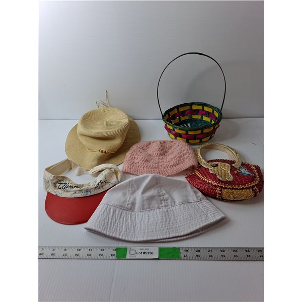 (4) Ladies Hats, (2) Woven Baskets