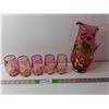 Image 1 : Cranberry with Gold Trim Pitcher & (5) Glasses
