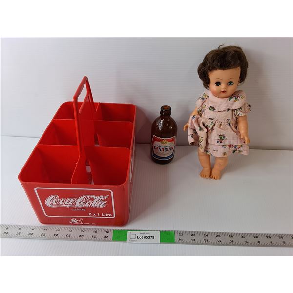 Vintage Plastic Coca-Cola Tray, Doll & Molson Canadian Glass Bottle