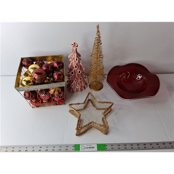 Christmas Lot- Tree Ornaments, Glass Tray, Decorative Trees, Misc.