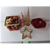 Image 1 : Christmas Lot- Tree Ornaments, Glass Tray, Decorative Trees, Misc.