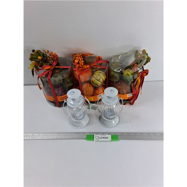 Lot Of Easter Decorations, artificial Pumpkins, (2) lantern Candle holders