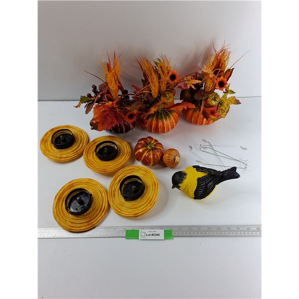 Lot Of Easter/  Fall Decor, Artificial Pumpkins, Bird, Misc