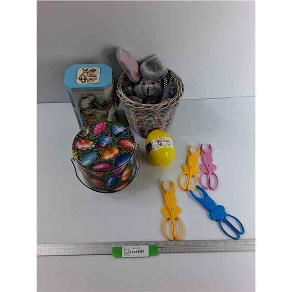 Lot Of  Easter Themed Items, Tins, basket, Misc