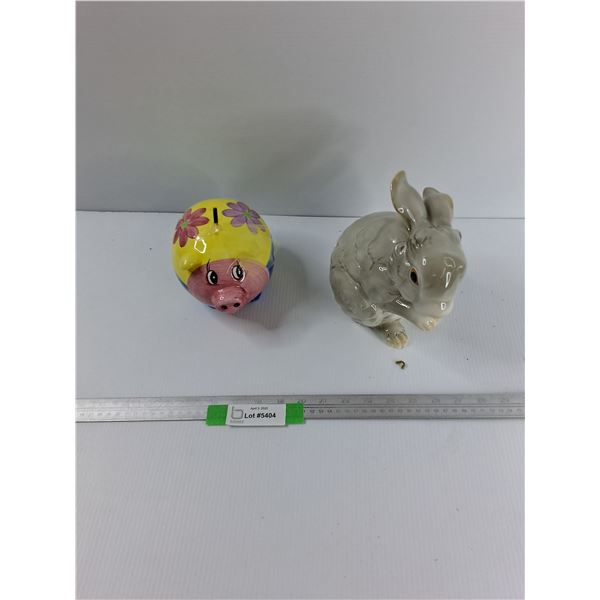 (2) Ceramic Ornaments, Piggy Bank Ceramic Bunny