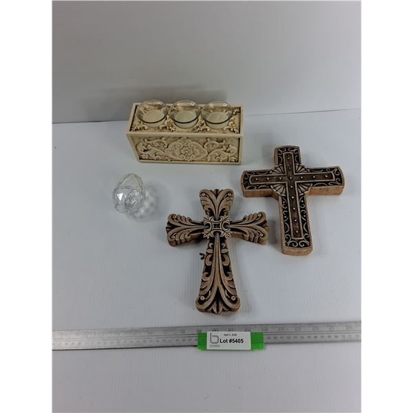 Candle Holders, (2) Crosses, Misc