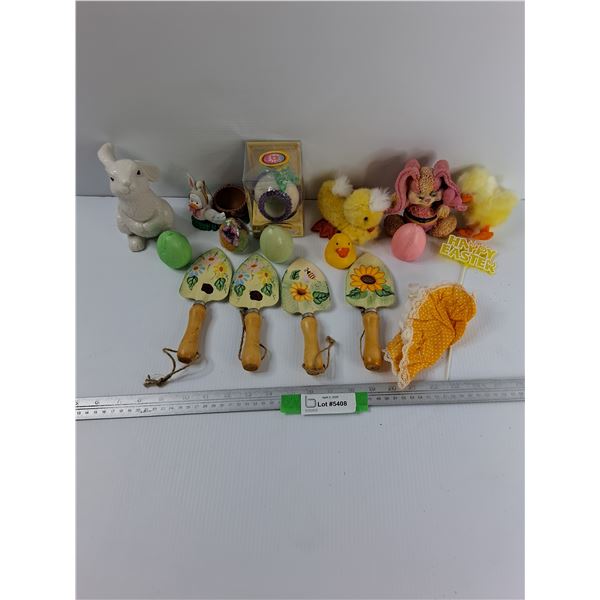 Lot Of Easter Decorations, Shovel Ornaments, Candles, Misc