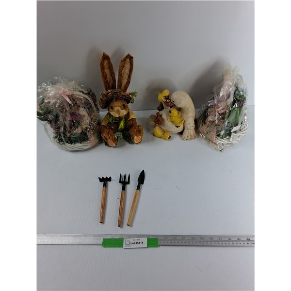 Lot Of Easter Decor, Small Garden Tool Ornaments, Misc