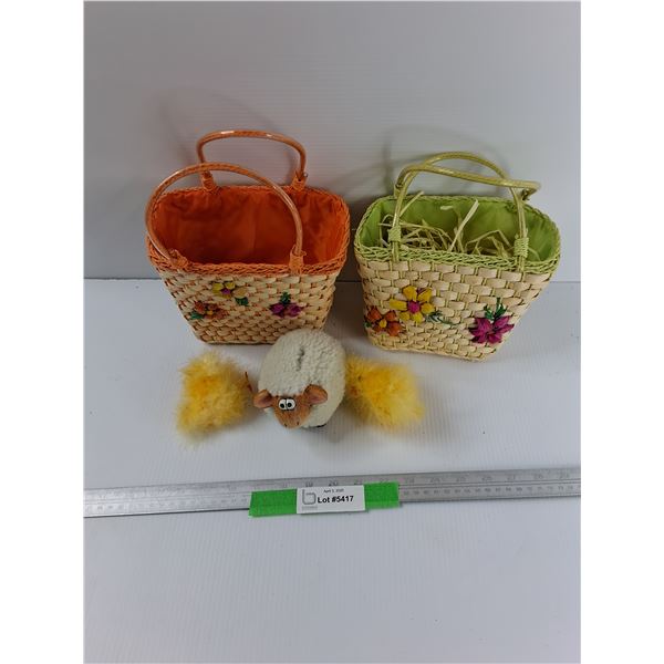 Lot Of Easter Themed Items, (2) Wicker Baskets, Sheep Coin Bank, MIsc