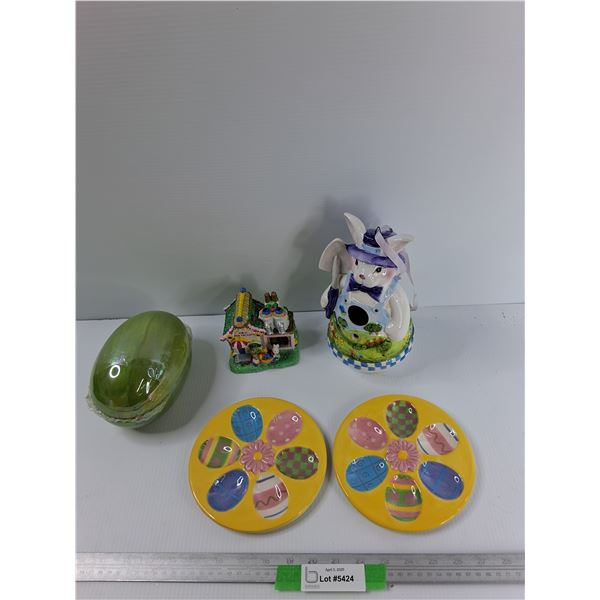 Lot Of Easter Themed Items, Egg Holder Plates, Misc